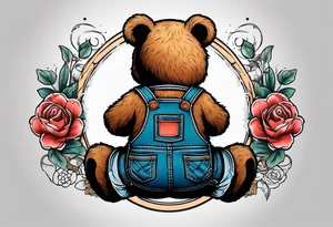 the back of a teddy bear wearing overalls tattoo idea