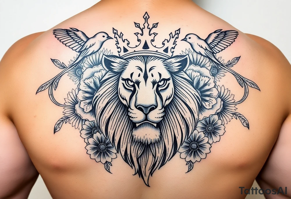 powerful majestic lion with a crown, surrounded by floral ornaments and birds tattoo idea