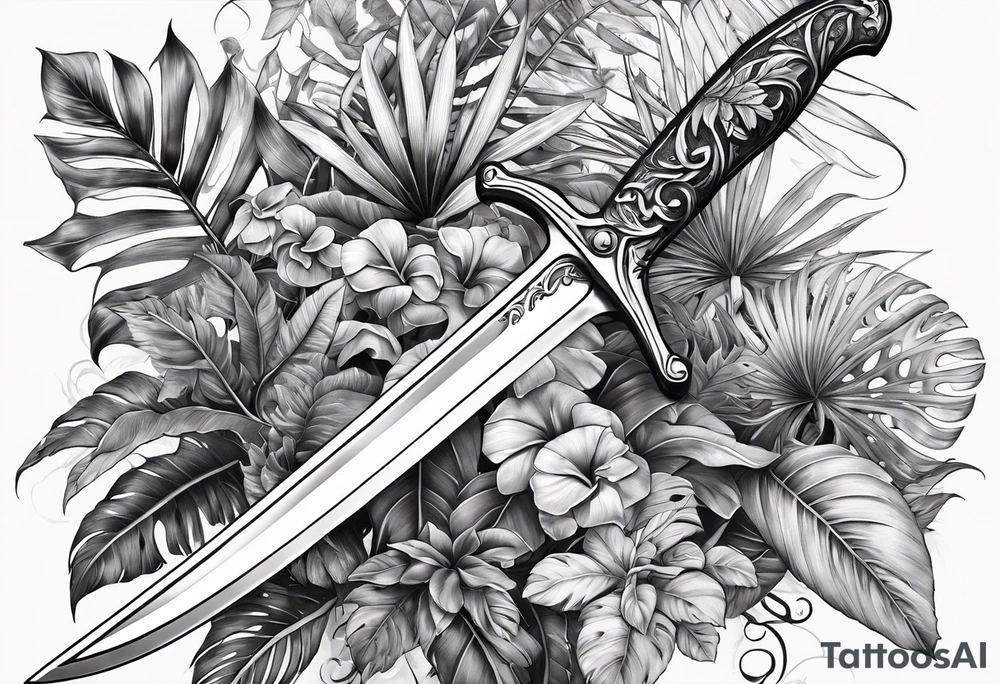 A Rapier blade down my spine with leafy vines and tropical plants surrounding the blade tattoo idea