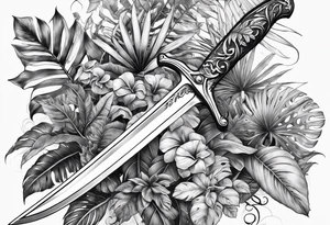 A Rapier blade down my spine with leafy vines and tropical plants surrounding the blade tattoo idea