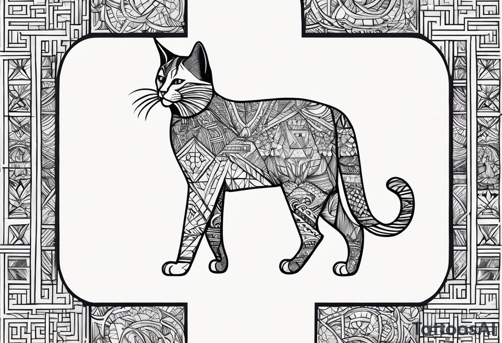 a walking cat with the letter W, I, T and 10 on its body as pattern tattoo idea