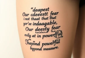 the quote is “ Our deepest fear is not that we are inadequate, Our deepest fear is that we are powerful beyond measure” intertwined with meaningful basketball things with it tattoo idea