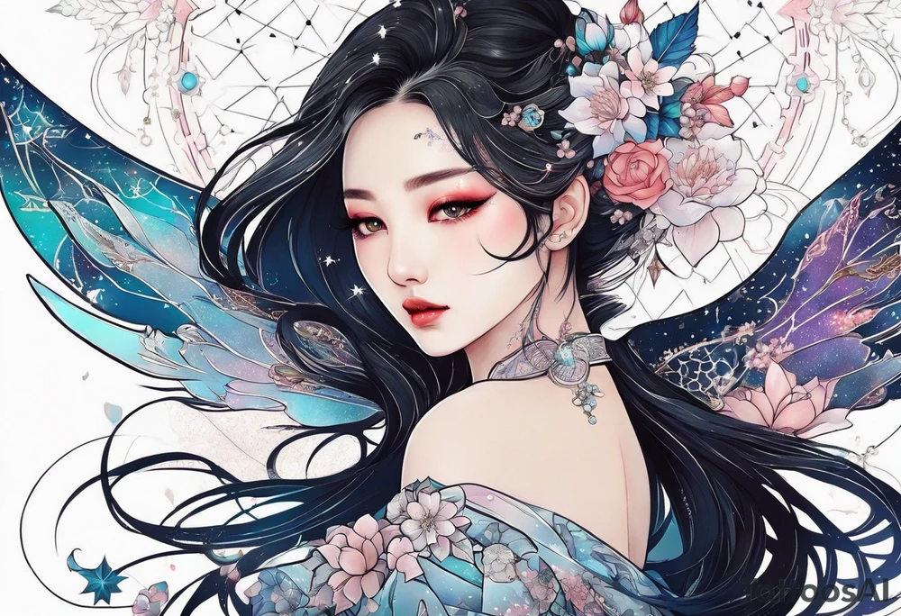 Constellation, wing , snow , cross , dragon female japan kawaii , flower tattoo idea