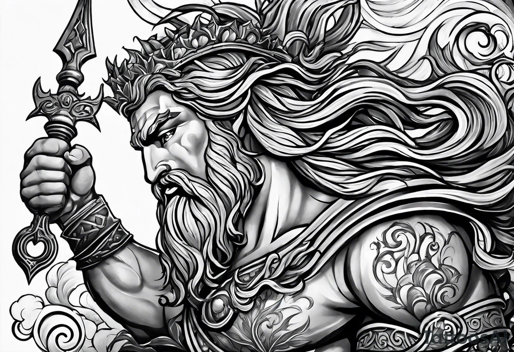 Elbow to wrist tattoo, with most of it being the god Poseidon. I want it to be very detailed. I would like it to flow from the tattoo above which has clouds as a background tattoo idea