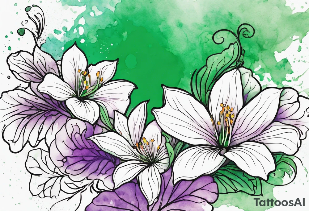 An outline of a rio dipladenia flower with a mystical green/purple watercolor splash in the background tattoo idea