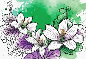 An outline of a rio dipladenia flower with a mystical green/purple watercolor splash in the background tattoo idea