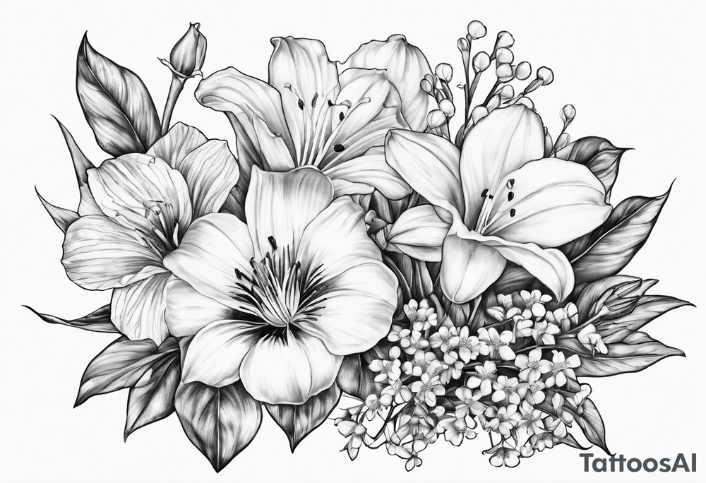 Aster, morning glory and lily of the valley flowers tattoo idea