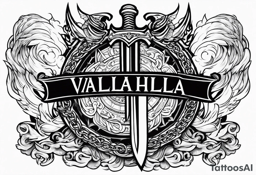 Valhalla sword fire chains shield clouds tattoo idea