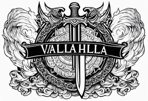 Valhalla sword  fire chains shield clouds tattoo idea