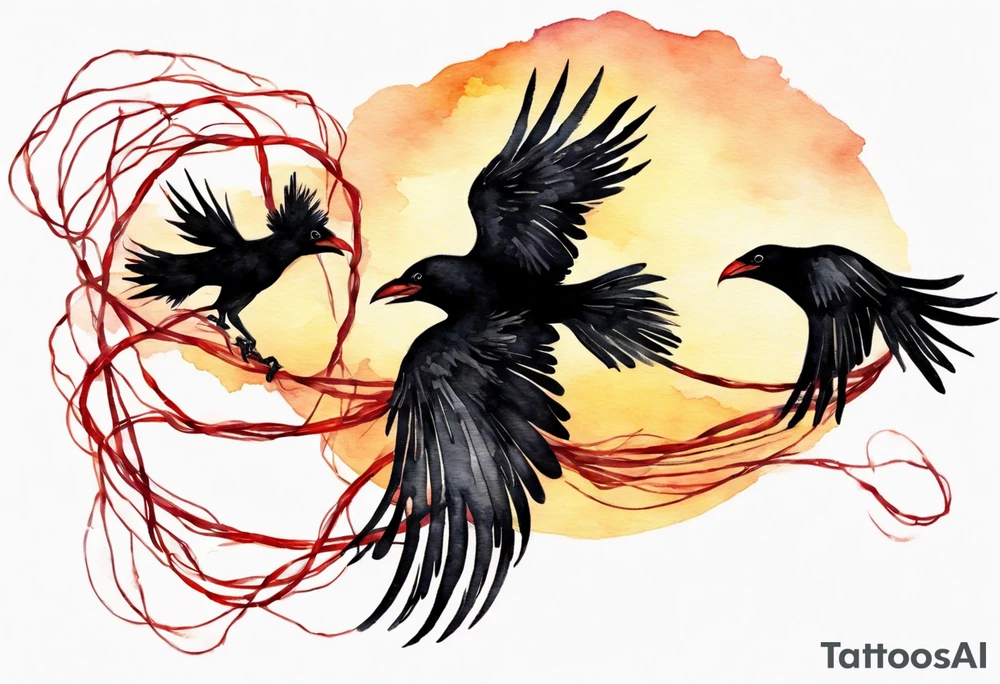Two black crows flying into the sunset as they carry one long red string between them. tattoo idea