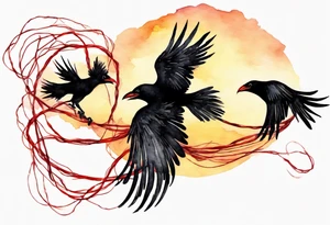 Two black crows flying into the sunset as they carry one long red string between them. tattoo idea
