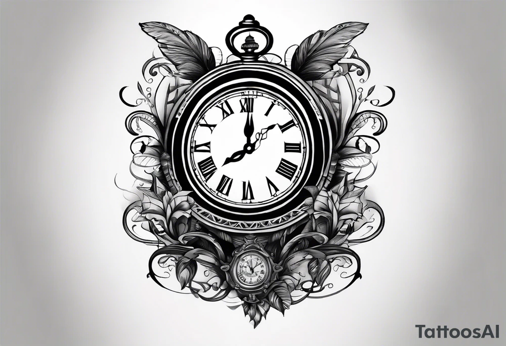 Draw me a tattoo located on the shoulder and upper arm of a man. The tattoo represents a clock with an  hourglassthere are Roman numerals in the background. It is a symbol of the passing of time. tattoo idea