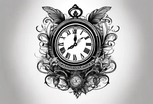 Draw me a tattoo located on the shoulder and upper arm of a man. The tattoo represents a clock with an  hourglassthere are Roman numerals in the background. It is a symbol of the passing of time. tattoo idea