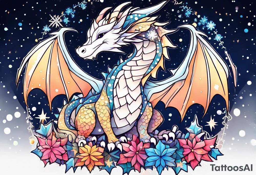 Constellation, kawaii dragon, snowflake tattoo idea