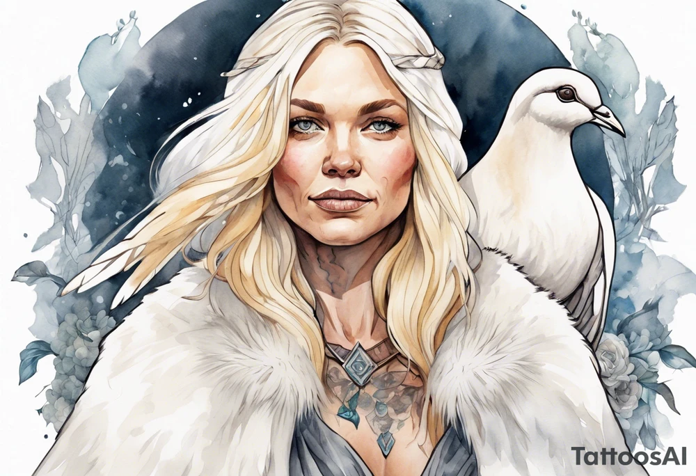 a 40-year-old Norse woman with blonde  hair wearing a white fur cloak with a dove on her shoulders tattoo idea