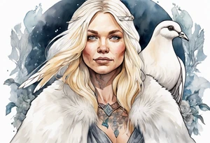 a 40-year-old Norse woman with blonde  hair wearing a white fur cloak with a dove on her shoulders tattoo idea