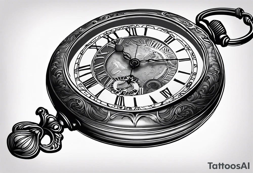 An old pocket watch with Chain and Roman numerals showing the time seven minutes past half two. The lid of the watch must have the zodiac sign Aries engraved on it tattoo idea