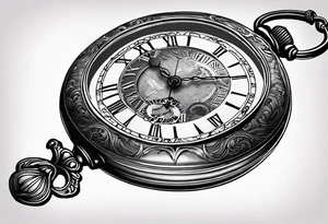 An old pocket watch with Chain and Roman numerals showing the time seven minutes past half two. The lid of the watch must have the zodiac sign Aries engraved on it tattoo idea