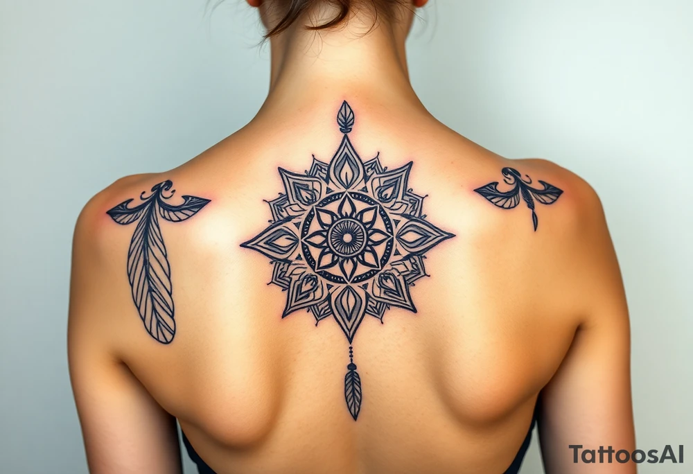 shaman symbols and mandalas and feathers wicca witch spiritual and sami culture big whole back tattoo idea