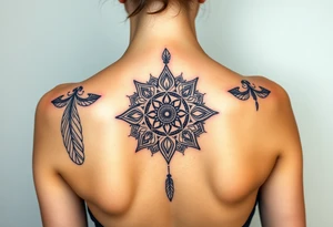 shaman symbols and mandalas and feathers wicca witch spiritual and sami culture big whole back tattoo idea