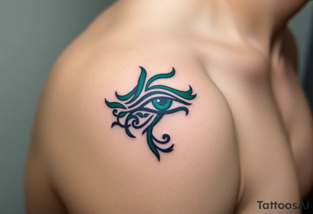 A deep emerald green Eye of Horus, with vines and small leaves wrapping around, symbolizing growth and protection tattoo idea