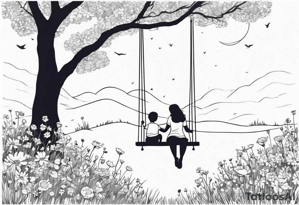 Mom with son and daughter on a swing in the distance in a field of flowers tattoo idea