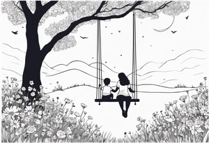Mom with son and daughter on a swing in the distance in a field of flowers tattoo idea