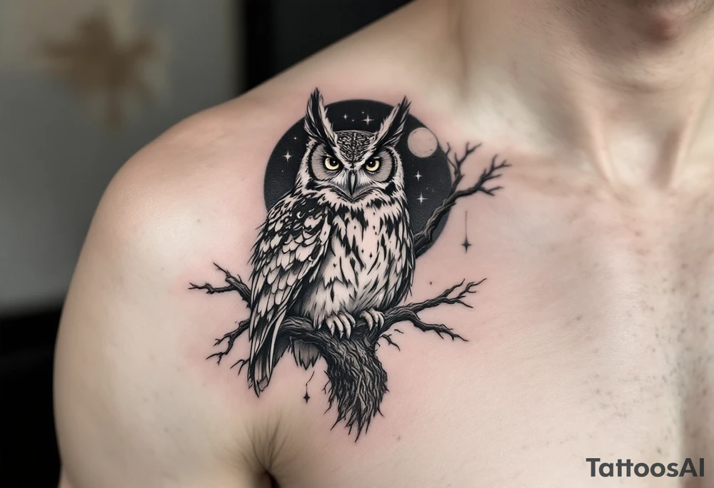 wise owl perched on ancient oak branch under starlit sky tattoo idea