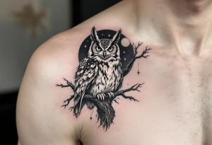 wise owl perched on ancient oak branch under starlit sky tattoo idea