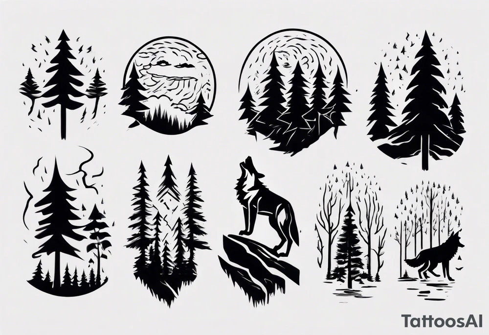 a thunderstorm over a forest and a wolf howling tattoo idea a thunderstorm over a forest and a wolf howling tattoo idea