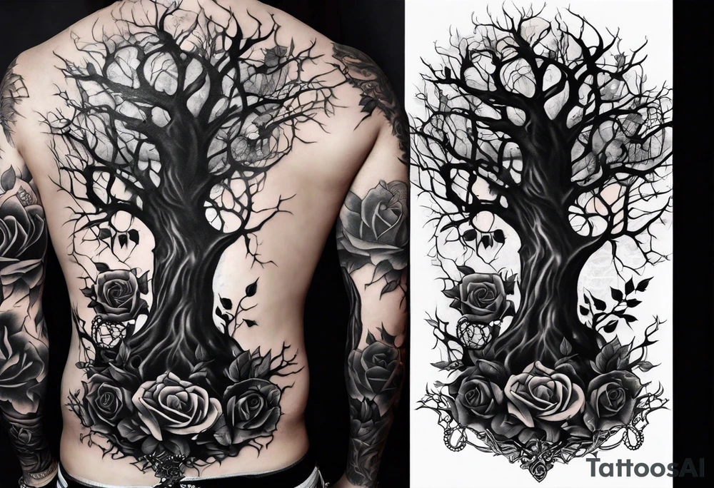 tattoo fool sleeve, dark gothic castle, tree roots break out of the chains, broken mask, roses tattoo idea