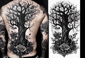 tattoo fool sleeve, dark gothic castle, tree roots break out of the chains, broken mask, roses tattoo idea