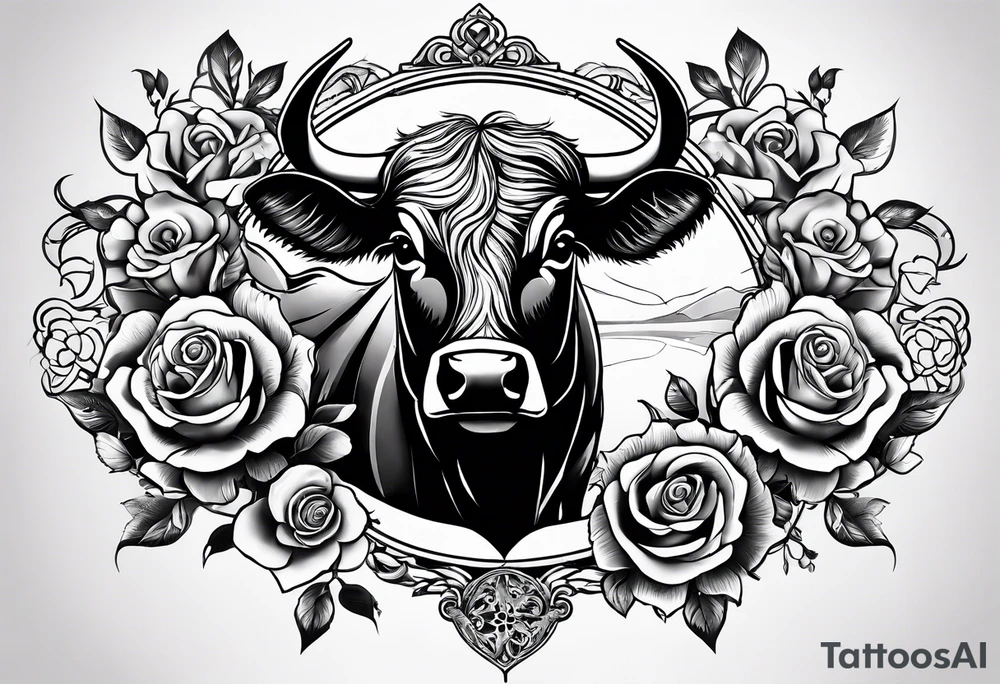 Tattoo thigh peice with Roses and flowers With nursing and hunting and cows and bulls and fishing and love and church. tattoo idea