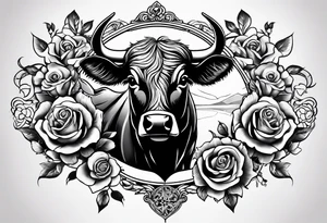 Tattoo thigh peice with Roses and flowers With nursing and hunting and cows and bulls and fishing and love and church. tattoo idea