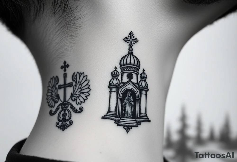russian coat arms traditional christian orthodox cross with a virgin mary stood in the entrance of a russian orthodox dome church on the side of the neck in a wilderness setting tattoo idea
