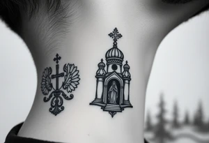 russian coat arms traditional christian orthodox cross with a virgin mary stood in the entrance of a russian orthodox dome church on the side of the neck in a wilderness setting tattoo idea