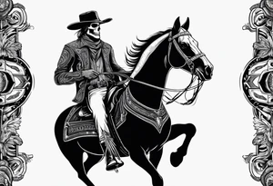 western background with a horse man,skelleton in the middle with a revolver and red dead redemtion hat tattoo idea