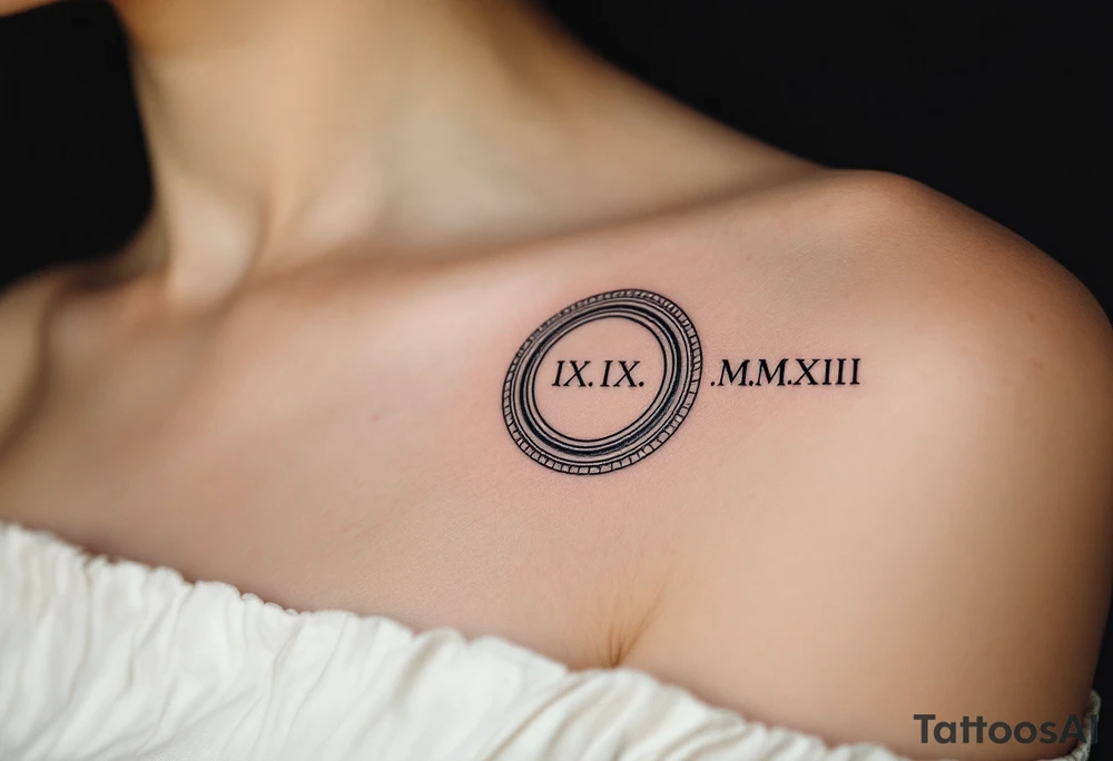 Modern IX.IX.MMXIII in black ink circling the forearm, with shadowed concentric rings in muted silver. tattoo idea