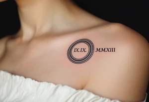 Modern IX.IX.MMXIII in black ink circling the forearm, with shadowed concentric rings in muted silver. tattoo idea