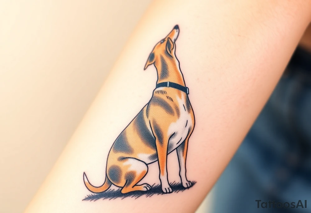 a mertle austrailian cattle dog with a tan pitbull standing look out into the sunset tattoo idea