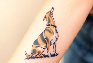 a mertle austrailian cattle dog with a tan pitbull standing look out into the sunset tattoo idea