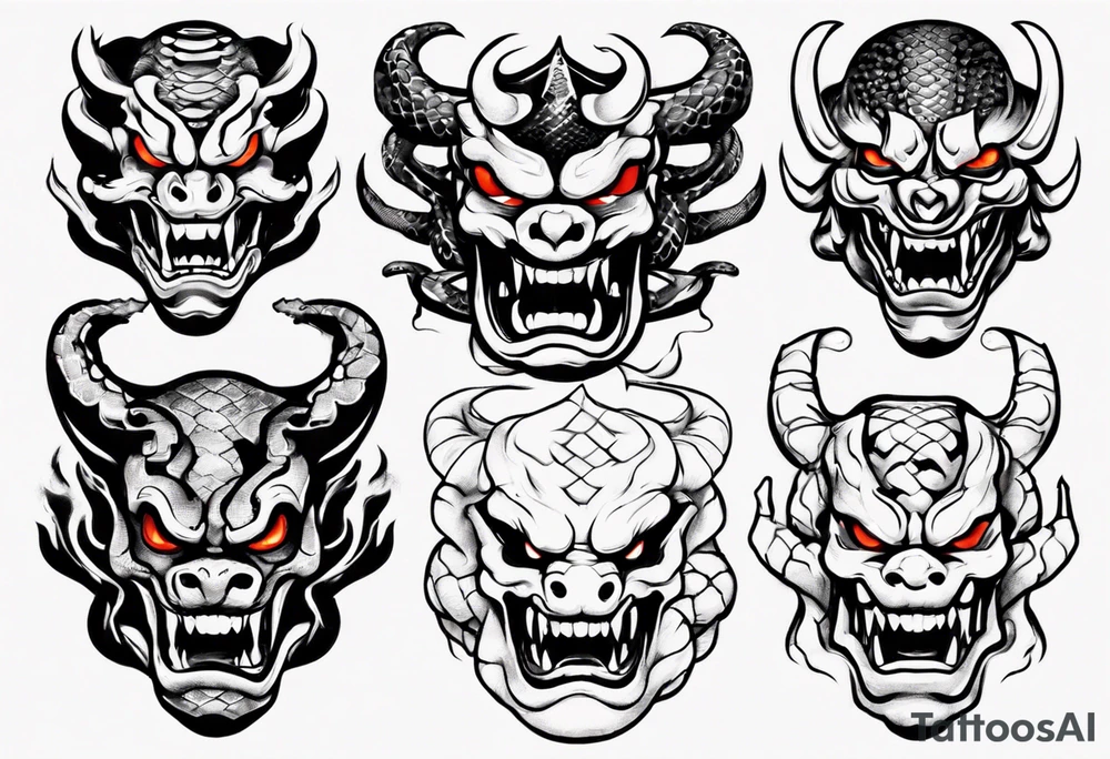 snake biting oni mask tattoo idea