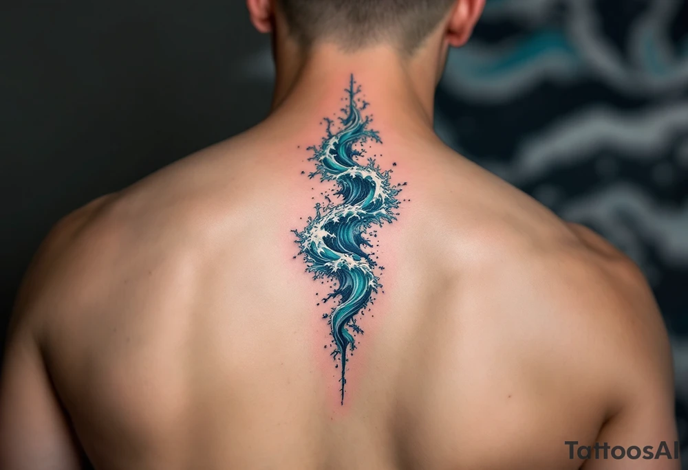 A crashing ocean wave in shades of emerald and cobalt crashes down the spine. tattoo idea
