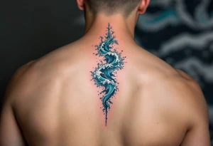 A crashing ocean wave in shades of emerald and cobalt crashes down the spine. tattoo idea