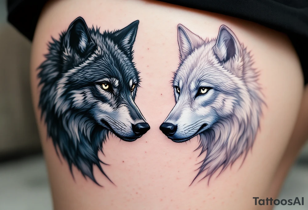 Black wolf face and a white wolf face side by side tattoo idea