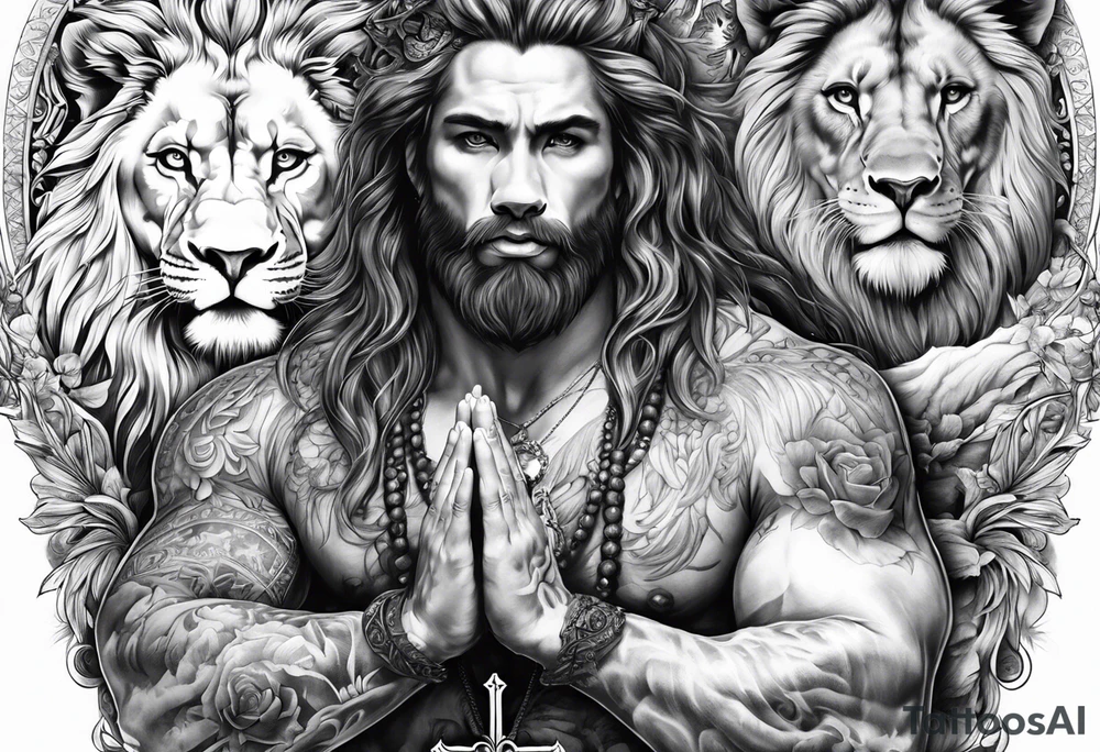 Full sleeve with Lion, cross, praying hands, Scarlett, Faith, angels gods tattoo idea