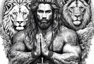 Full sleeve with Lion, cross, praying hands, Scarlett, Faith, angels gods tattoo idea