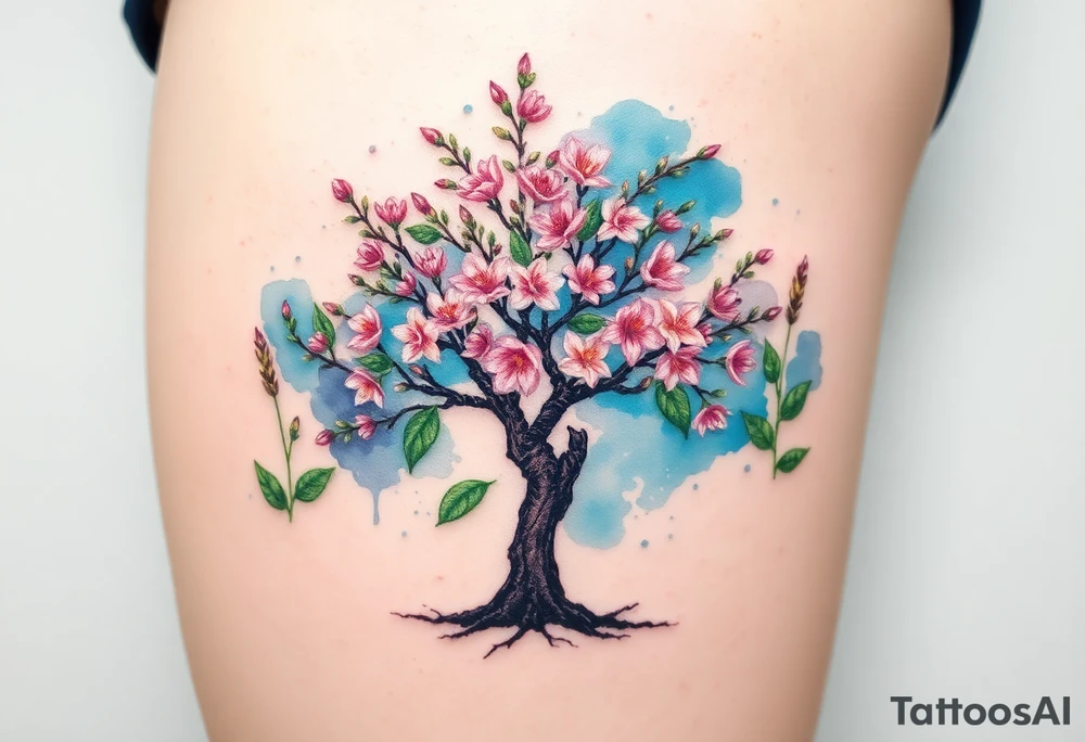 Flowering Hawthorn tree with  lillys planted on each side of the Hawthorn tree and   lily plants tattoo idea