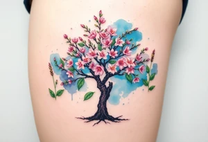 Flowering Hawthorn tree with  lillys planted on each side of the Hawthorn tree and   lily plants tattoo idea
