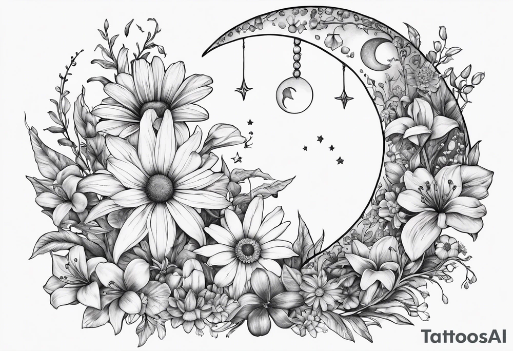 Crescent moon with daisy's, lily’s, crystals, and mushrooms tattoo idea